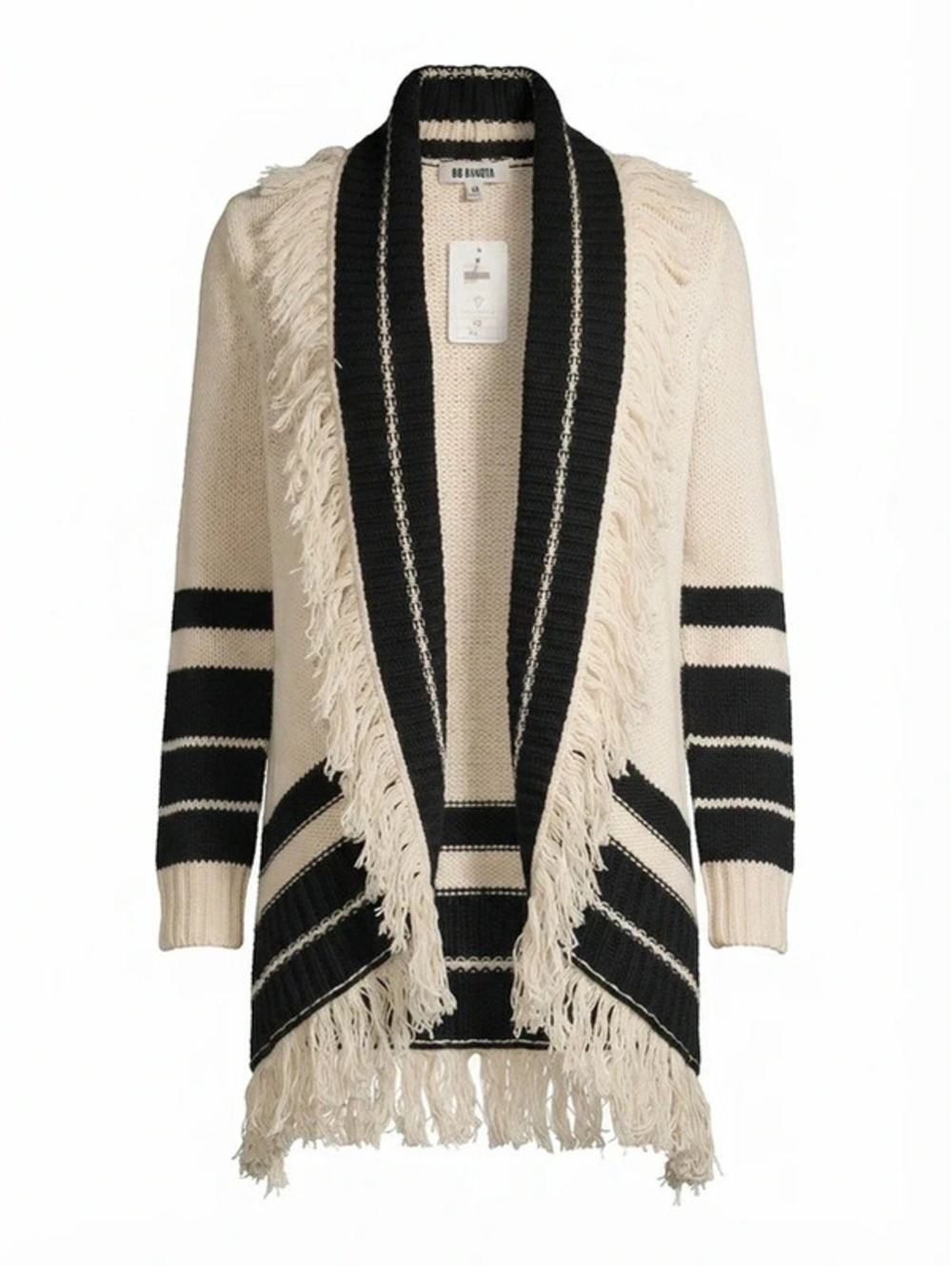 BB Dakota Oversize Ivory Black Stripe Knit Open Front Fringe Cardigan Women's XS